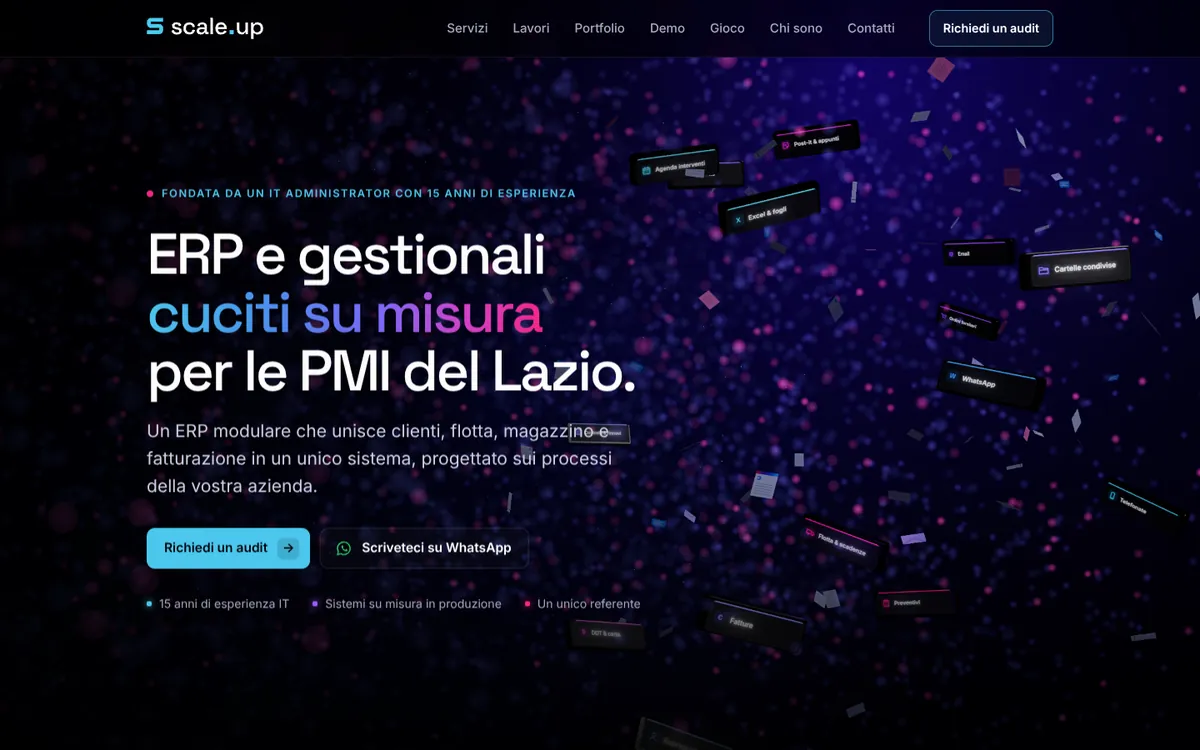 Pagina iniziale di scaleupagency.it: titolo, inviti all'azione e animazione 3D